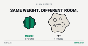 Cartoon: a small dense shape labelled muscle beside a large airy shape labelled fat, both one pound