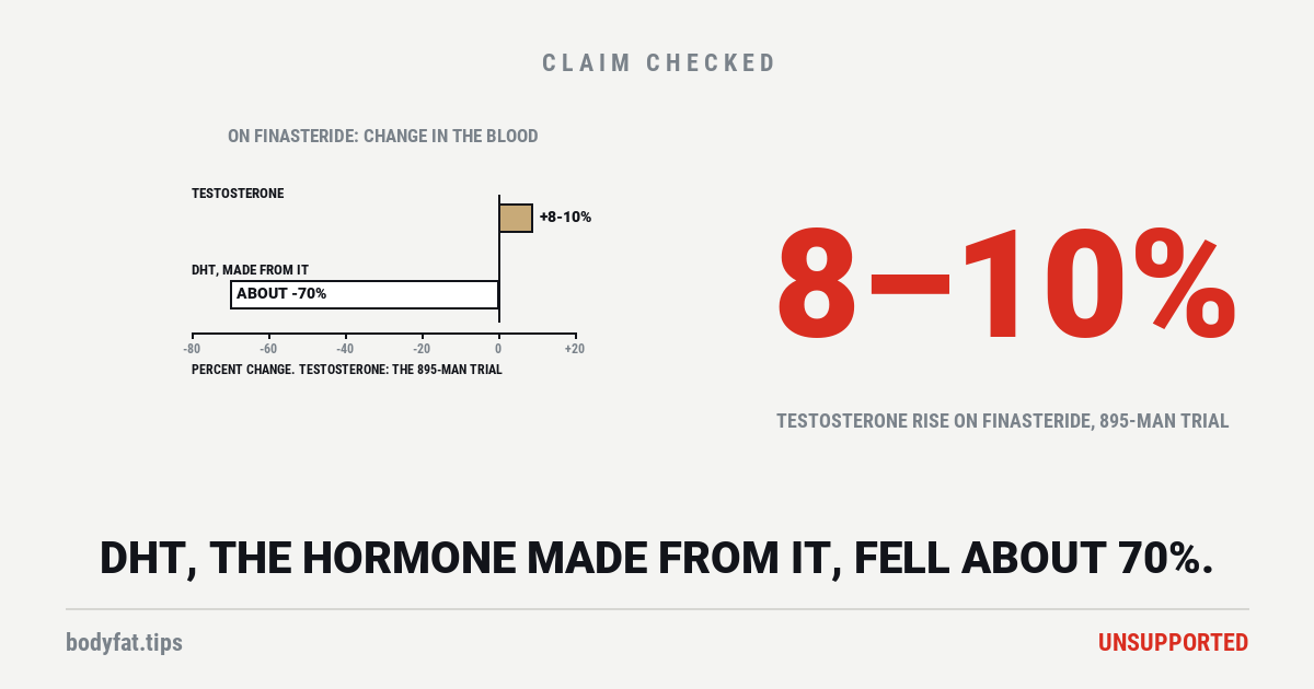 Two bars of change in the blood on finasteride: testosterone up about 8 to 10% in an 895-man trial, and DHT, the hormone made from it, down about 70%; beside them the figure 8 to 10%