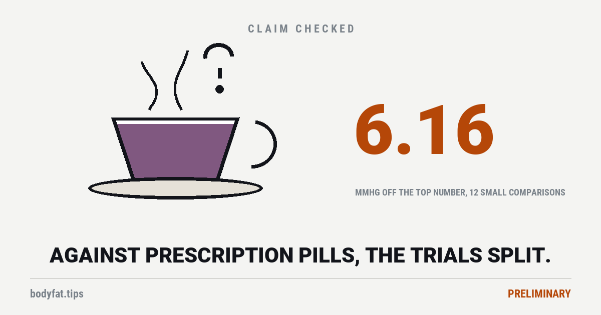 Cartoon of a teacup; beside it the figure 6.16, the mmHg taken off the top blood-pressure number by hibiscus tea or capsules against a dummy or no treatment, pooled from 12 small comparisons
