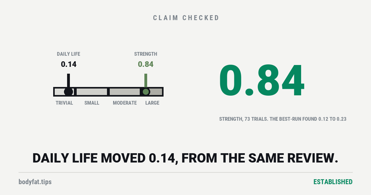 Cartoon effect-size scale banded trivial to large, marked at 0.84 for strength and 0.14 for daily life