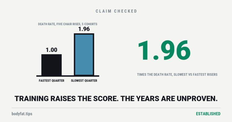 Cartoon bar chart from one baseline: a bar at 1.00 marked fastest quarter and a bar nearly twice as tall at 1.96 marked slowest quarter, five chair rises; beside the figure 1.96