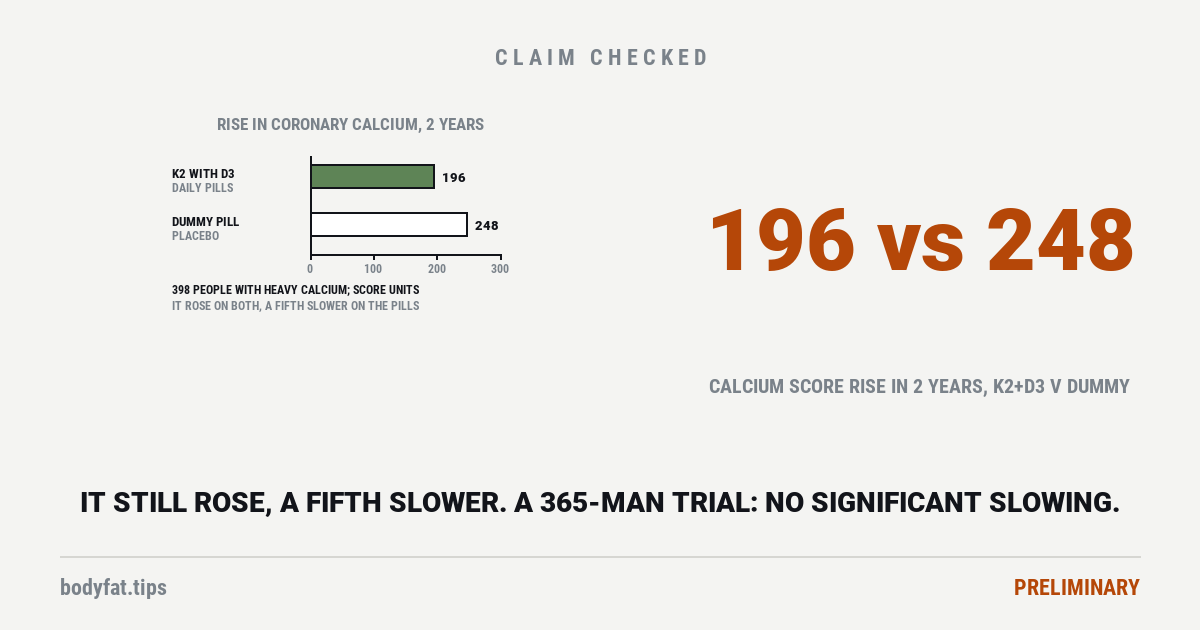 Data graphic: in a two-year Danish trial of 398 people with heavy calcium in the heart's arteries, the calcium score rose by 196 units on vitamin K2 with D3 and by 248 on a dummy pill; beside them the figure 196 vs 248